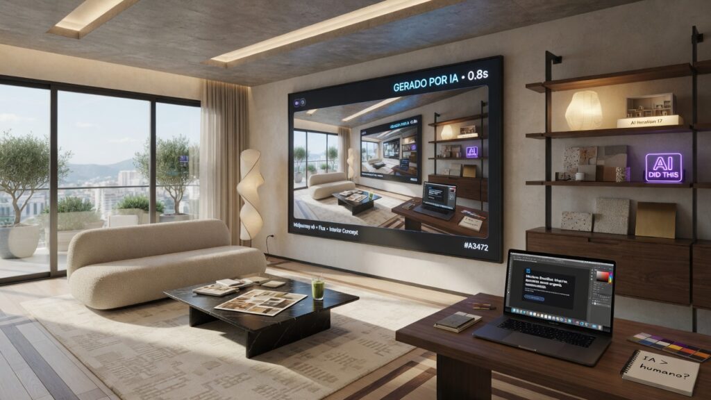 Imagem do curso de Inteligência Artificial aplicado ao Design de Interiores da Casa Leksio. Ferramentas de IA sendo usadas para desenvolvimento de projetos residenciais e comerciais