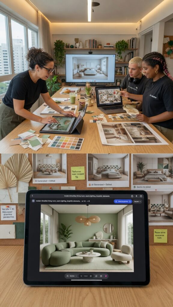 Aluno do curso de IA para Design de Interiores da Casa Leksio utilizando ferramentas de inteligência artificial para criar renders, plantas e projetos completos de decoração de interiores